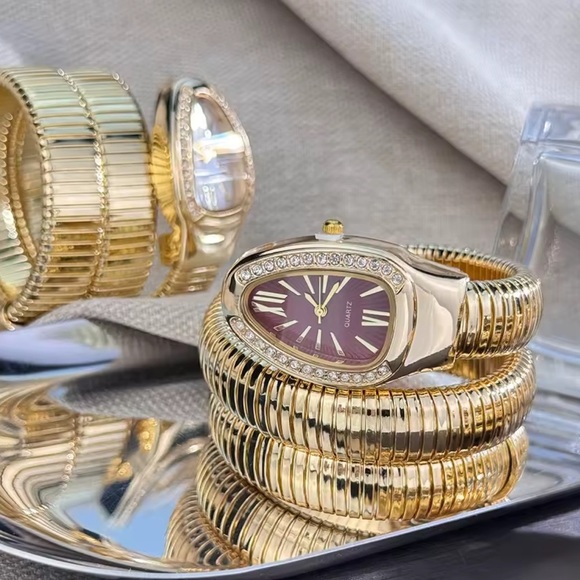 Serpenti Snake Wrap Elegant Gold Women's Watch with Burgundy Dial - Picture 4 of 5